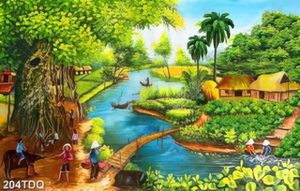 Tranh làng quê những đứa trẻ nô đùa bên cây cổ thụ đẹp nhất