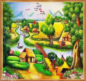 Tranh đồng quê những ngôi nhà lợp lá bên cánh đồng lúa chín vàng in kính