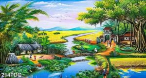 Tranh đồng quê cánh đồng lúa chín vàng bên con sông nhỏ
