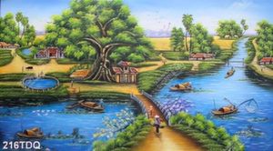 Tranh sơn dầu decor phòng làng quê Việt Nam in kính