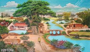 Tranh đồng quê cây cổ thụ và dòng sông gắn tường in kính