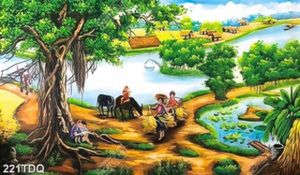 Tranh đồng quê chú bé chăn trâu bên cây đa đầu làng