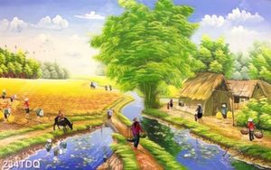 Tranh những thôn nữ đang thu hoạch lúa chín vàng file gốc