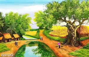 Tranh cánh đồng lúa chín bên con đường làng