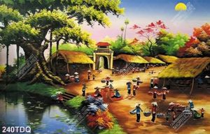 Tranh làng quê chợ phiên lúc bình minh đẹp nghệ thuật