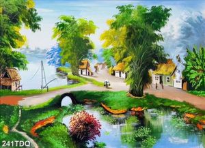 Tranh phong cảnh đồng quê những bụi tre xanh bên dòng sông in uv