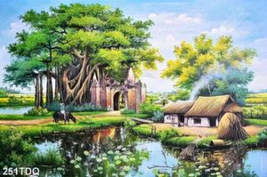 Tranh cây cổ thụ bên cổng làng decor tường