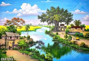Tranh làng quê ngôi nhà lá bên dòng sông đẹp nghệ thuật