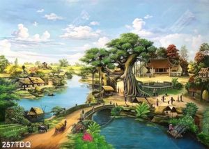 Tranh con đường mòn dẫn vào cổng làng file psd
