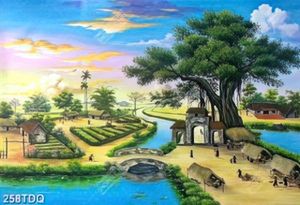 Tranh đồng quê xưa cây đa bên cổng làng in uv