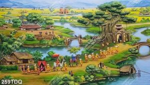 Tranh đồng quê vinh quy bái tổ bên cổng làng in kính