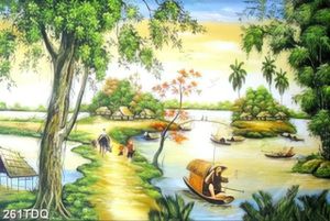 Tranh làn quê xưa con đường nhỏ bên dòng sông chất lượng cao