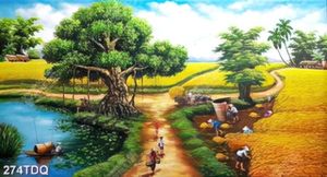 Tranh trang trí tường làng quê nhộn nhịp khi mùa lúa chín