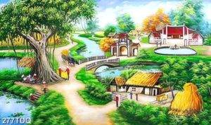 Tranh phong cảnh làng quê và cây đa đầu làng