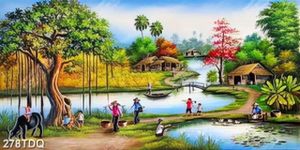 Tranh những cô thôn nữ bên cây đa đầu làng in kính