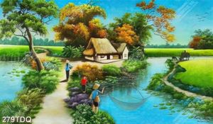 Tranh làng quê xưa con đường mòn dẫn vào ngôi nhà lá