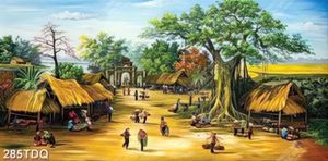 Tranh chợ phiên sớm mai trên làng quê in uv