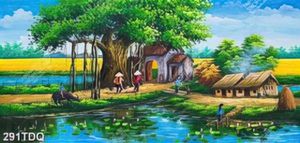 Tranh chú bé chăn trâu bên cây đa trước đình làng file gốc