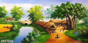 Tranh cảnh chợ quê bên dòng sông đẹp nhất