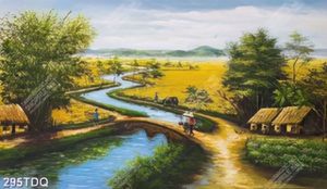 Tranh cánh đồng lúa bên rặng tre xanh in kính decor tường