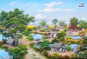 Tranh decor phòng khách phong cảnh làng quê sớm mai in kính