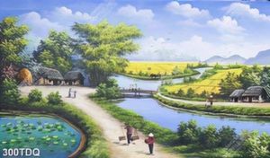 Tranh dòng sông bên ngôi nhà và ruộng lúa đẹp nhất