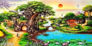 Tranh cây đa đầu làng file gốc decor phòng