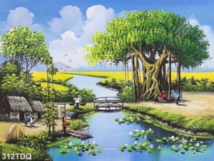 Tranh làng quê những cô gái bên cây đa đầu làng in kính