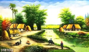 Tranh đồng quê những ngôi nhà mái lá bên dòng sông file gốc