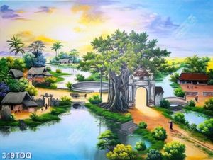 Tranh làng quê cây đa cổ thụ bên dòng sông chất lượng cao