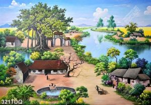 Tranh trang trí phòng cây đa bên cổng làng in uv đẹp nhất