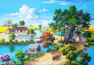 Tranh phong cảnh làng quê dòng sông bên cổng làng in kính