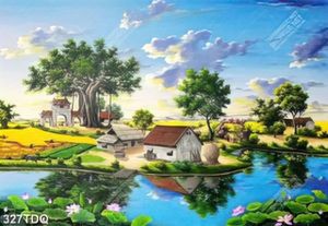 Tranh những người nông dân đang thu hoạch lúa bên đình làng in uv