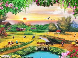 Tranh những cô thôn nữa vui vẻ thu hoạch lúa chín vàng