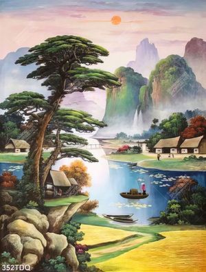 Tranh ngôi làng nhỏ bên dòng sông xanh in uv