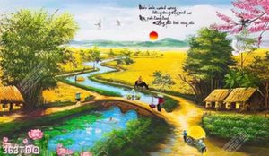 Tranh sơn dầu làng quê Việt Nam in kính