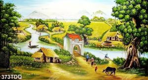 Tranh đồng quê ngôi nhà mái lá bên cánh đồng lúa chín vàng