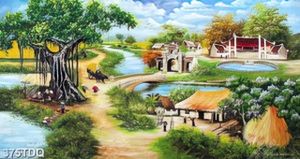 Tranh sơn dầu làng quê khổ ngang in uv