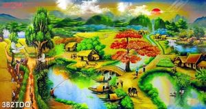 Tranh làng quê những người nông dân đang thu hoạch lúa