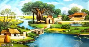 Tranh dán tường cây đa và dòng sông quê chất lượng cao