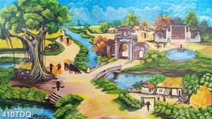 Tranh decor tường làng quê bình yên in kính
