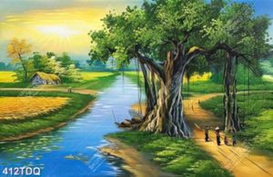 Tranh những đứa bé nô đùa bên cây đa đầu làng