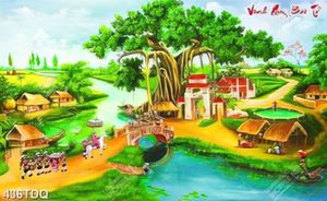 Tranh làng quê xưa vinh quy bái tổ file psd