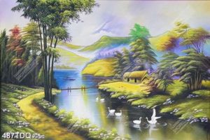 Tranh sơn dầu phong cảnh ngôi nhà lá bên dòng sông đẹp nhất