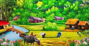 Tranh sơn dầu những cô thôn nữ đang thu hoạch lúa in uv