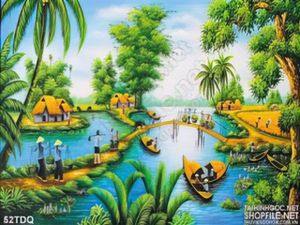 Tranh đồng quê nông thôn chợ phiên trên sông quê