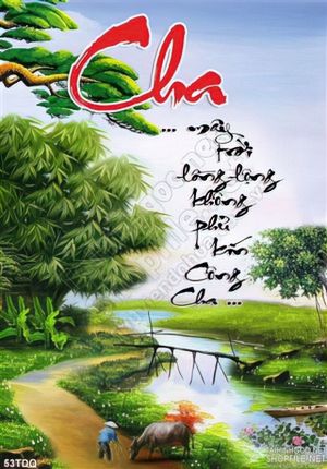 Tranh làng quê lũy tre già và chữ thư pháp