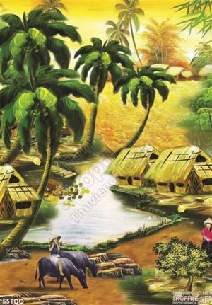 Tranh làng quê cậu bé chăn trâu bên cây dừa