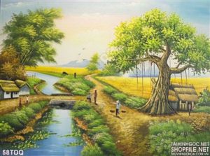 Tranh làng quê cây đa đầu làng
