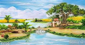 Tranh đồng quê nông thôn sơn dầu cây đa ở cổng làng